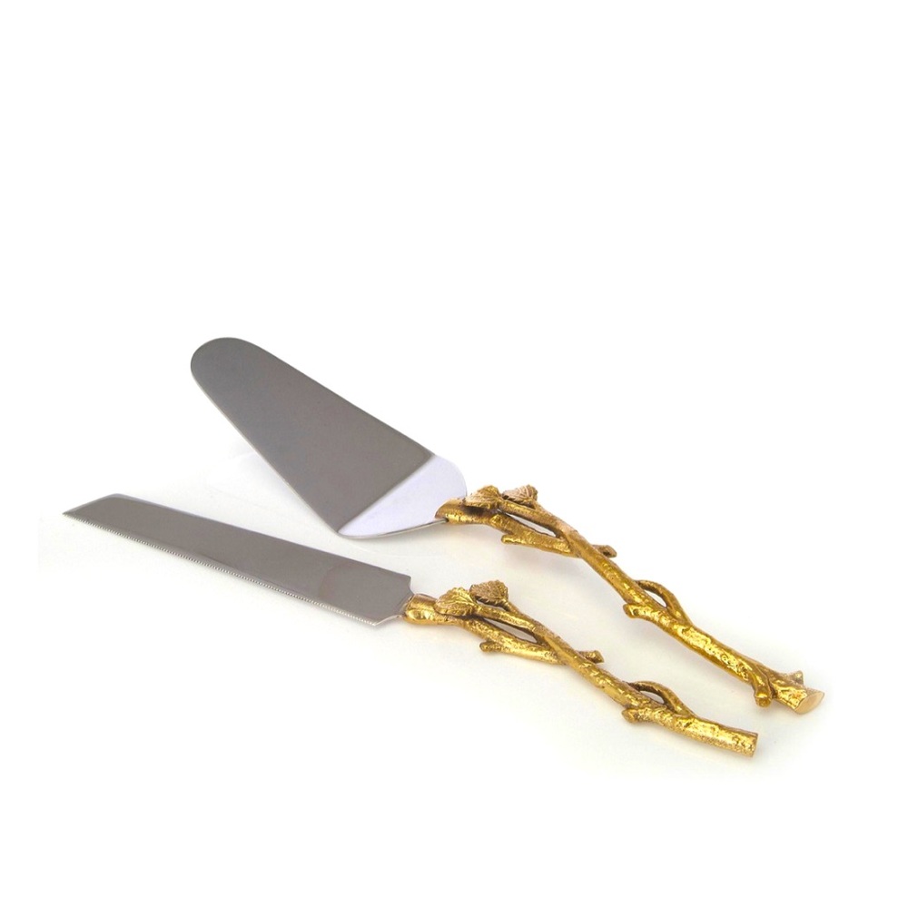 Cake server and knife set in gold leaf design